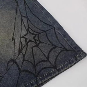 Pantalones Cortos de Mezclilla de Cintura Alta para Hombre, Corte Recto, Estampado de Telaraña, Algodón Lavado, Estilo Casual de Verano - Product Image 3