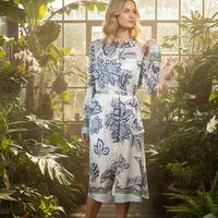 Robe midi décontractée pour femmes, style chinois vintage, bleu et blanc, unie, douce, lavable, col en V, épaules dénudées, taille élastique, coupe trapèze