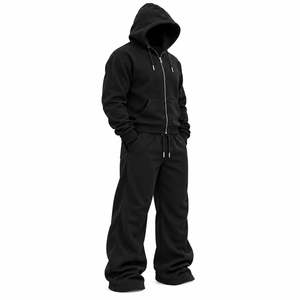 Ensemble de survêtement unisexe noir à capuche avec fermeture éclair intégrale et poches latérales, coupe classique, streetwear décontracté, vêtements d'automne, pantalon de survêtement 100% coton - Product Image 3