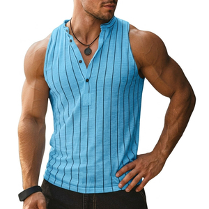 Men's Factory Wholesale Sleeveless Henley Shirt <b>Athletic</b> Muscle Fit Pinstripe Tank Top Breathable Stand Collar Tank Tops For Men - Product Image 4