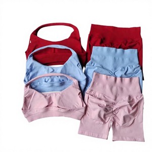 Ensemble de sport 2 pièces pour femme, couleur unie, soutien-gorge sans bretelles, short taille haute, respirant, tricoté en polyester/coton, été, yoga, fitness - Product Image 2