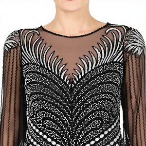 Robe de Soirée Fourreau Noire Élégante Personnalisée à Paillettes, Robe de Bal de Luxe à Manches Longues avec Motif Géométrique Perlé, Vente en Gros - Product Image 5