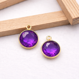 Faceted Amethyst Coin Charm Round Gemstone Pendant Gold Plated Bezel <b>Set</b> Earring Connector Jewelry Supply Sold Per <b>Pc</b> - Product Image 2