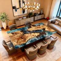 Table de salle à manger en résine époxy avec carte océanique, en bois de burl naturel à bord vif, mobilier d'art unique en bois et résine