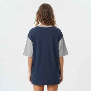 Hawk Eye Women's Navy Blue <b>V</b>-<b>Neck</b> <b>Oversized</b> <b>T</b>-<b>Shirt</b> Short Sleeve Color Blocked Loose Fit Cotton Jersey Top Spring Summer - Product Image 2