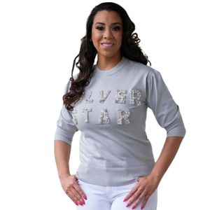 AKA เสื้อสเวตเตอร์แขนสั้นซิลเวอร์สตาร์สำหรับผู้หญิง เสื้อถักปักตัวอักษร พรีเมี่ยม ลำลอง มีสไตล์ - Product Image 3