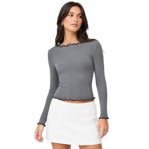 Women's Grey Ribbed Knit Crop <b>Top</b> for Women Full Sleeve Slim Fit <b>Y2K</b> Aesthetic Korean Style Fitted Going Out <b>Top</b>, 100% Cotton - Product Image 1