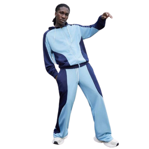 Mens Light Blue and Navy Blue Contrast Full-<b>Zip</b> <b>Hooded</b> Sweatshirt and Matching Pants Tracksuit OEM ODM Wholesale Apparel - Product Image 1