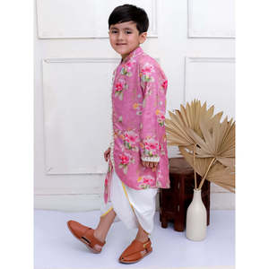 Conjunto de Kurta de Poliéster Estampado para Niño con Pantalones Dhoti, Color Malva y Blanco, Mangas Largas, Elástico, Tallas XS-XL, Modelo Lehenga Choli Saree - Product Image 4