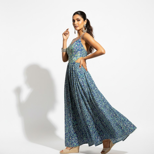 Vestido Largo de Seda Habotai Hecho a Mano de Lujo, Alta Calidad, Cuello Halter, Tirantes Finos, Abertura Lateral, Espalda Descubierta, Estampado Étnico para Mujer - Product Image 2