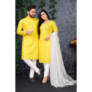 TRABAJO DE TEJIDO DE ALGODÓN SLUB DE TREADITIONAL NUEVO LOOK PARA PAREJA FESTIVAL ESPECIAL LISTO PARA LLEVAR AMARILLO - Product Image 1