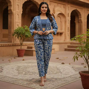 Ensemble trois pièces bleu indigo imprimé au bloc : crop top, veste et pantalon – Tenue bohème d'été pour femme – Vêtements ethniques indiens - Product Image 1