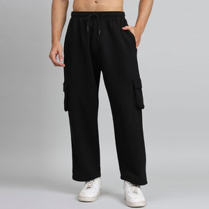 Men's Black Hooded Tracksuit Solid Color Casual Full Sleeve Cotton Sweatshirt and Cargo <b>Pants</b> Set with Front Logo Print - Product Image 4