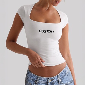 Top Corto Rosa para Mujer, Manga Corta, Cuello Cuadrado, Ajustado, Tejido de Punto, Spandex y Algodón, Casual, Primavera Verano, Color Sólido - Product Image 3