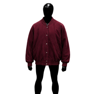 Chaqueta universitaria de lana color granate para hombre y mujer, estilo bomber extragrande personalizado con cierre de botones a presión y cuello y puños acanalados. - Product Image 1