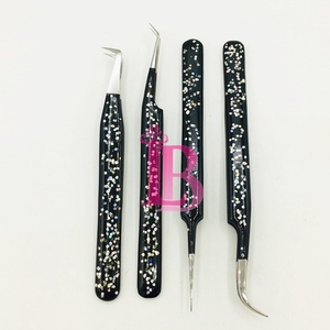 Black Color With Glitter Eyelash Tweezers Anti Slip Best Stainless Steel Lash Extension Tweezers <b>Set</b> Sustainable Mink Low MOQ - Product Image 5