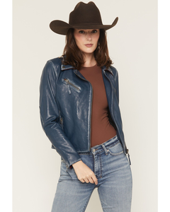Blouson de motard pour femme en cuir de mouton véritable, bleu marine, avec patch étoile, en cuir d'agneau véritable ciré à la main, ceinturé, style cowgirl - Product Image 2
