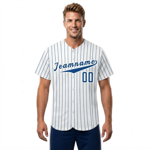 Custom Baseball <b>Jersey</b> Men's <b>White</b> Blue Striped <b>Short</b> Sleeve Breathable Sublimated Print Teamname 00 Regular Fit All Seasons - Product Image 3