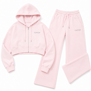 Custom Logo Women <b>Pink</b> Cropped Hoodie Wide Leg Sweatpants Set Fleece Cotton Full Zip Up Jogging <b>Tracksuit</b> Two Piece Activewear - Product Image 3