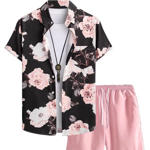 Conjunto de dos piezas floral de verano para hombre, camisa de manga corta con botones y pantalones cortos con cintura elástica, conjunto ligero para la playa, estilo informal. - Product Image 1