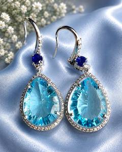 Boucles d'oreilles pendantes de luxe TASBIYA GEMS en argent sterling 925 plaqué rhodium, saphir topaze bleue naturelle avec diamant naturel taille unique - Product Image 4