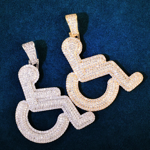 Handicap Sign Pendant Necklace Hip Hop Chain CZ Rapper Jewelry Iced Out Wheelchair Symbol Charm Gold <b>Silver</b> Bling Cuban <b>Choker</b> - Product Image 6