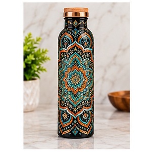 Bohemian Mandala Design <b>Metal</b> <b>Water</b> <b>Bottle</b> With Wooden Lid Portable Travel Use - Product Image 1