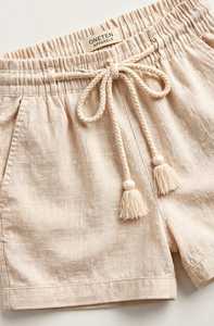ONETEN APPARELS <b>Women</b> Winter 3 Piece <b>Shorts</b> Set <b>White</b> Hooded Anti-Wrinkle Casual Sportswear Crop Top Beige Tassel Drawstring - Product Image 5