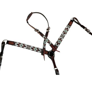 Western <b>Leather</b> Comfortable Durable One Ear Headstall Breast Collar Set Native Beaded Geometric Pattern Horse Tack Gear - Product Image 1