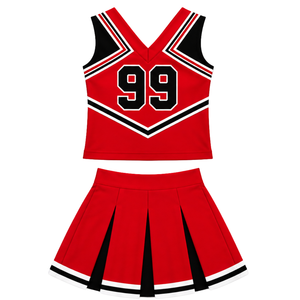 Uniforme de cheerleading imprimé rouge vif, noir et blanc pour adultes, débardeur court à col en V sans manches et jupe plissée pour équipe de danse de performance - Product Image 2