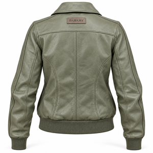 Chaqueta de Cuero Genuino Color Verde Salvia para Mujer, Estilo Vintage A2, Cuello Camisero, Dobladillo Acanalado, Darkry Factory Vendor - Product Image 2