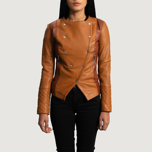 Women's Brown Genuine Leather Asymmetric Motorcycle Jacket Full Sleeve <b>Quilted</b> Double Breasted Autumn Style Regular Fit - Product Image 1