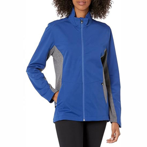 Veste polaire bleu marine pour femme avec fermeture éclair intégrale, empiècements gris contrastants, col montant, coupe-vent, idéale pour l'automne - Product Image 5