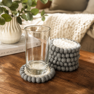 "Set of 6 (10 cm) Gray and <b>White</b> Felt <b>Coaster</b>"-"Handmade Felt <b>Coaster</b> Set"-"Felt Ball <b>Coaster</b> Set From Nepal" - Product Image 1