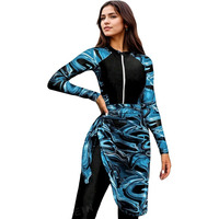 Kişiye Özel Tesettür İslami Burkini Yüksek Bel Kesimli Yuvarlak Yaka Baskılı Spandeks/Polyester Mayo 2 Parça Takım Önü Nefes Alabilen