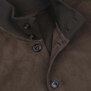 Men's Brown Suede Bomber <b>Jacket</b> Stand Collar Casual Autumn Regular Fit Button Closure Solid Color Woven Material - Product Image 4