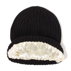Bonnet de luxe doux en soie avec logo personnalisé, bonnet de nuit, bonnets d'hiver pour cheveux, vente en gros, bonnet unisexe vierge en satin et laine tricotée pour femme - Product Image 2