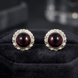 925 Sterling Silver <b>Garnet</b> Stud <b>Earrings</b> Handmade Round Red Gemstone Vintage Jewelry For Women Everyday Wear - Product Image 4
