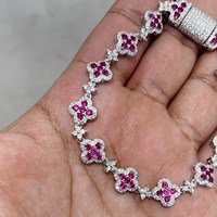 Pulsera Clover con Moissanita VVS de Corte Brillante, Pasa Prueba, Detalles Rosados, Estilo Rapper Hip Hop, Plata 925 Bañada en Oro, Moderna, Iced Dvars
