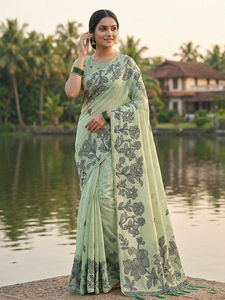 Sari en lin imprimé moderne avec chemisier pour les occasions de fête, mariage, Diwali - Product Image 6
