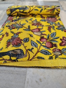 Reversible <b>Floral</b> Block Print <b>Bed</b> <b>Sheet</b> Yellow Red Blue Pattern Home Decor Gift for Her From Rajasthan All-Season Double Size - Product Image 2
