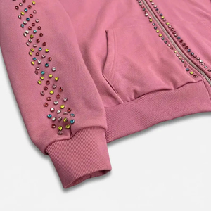 Ensemble de survêtement rose à capuche pour femme, orné de strass, manches longues, fermeture éclair, coupe décontractée, couleur unie, idéal pour l'automne - Product Image 2