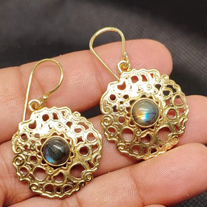 Beautiful Natural Flashy Labradorite Long Drop Earrings Solid Brass Gold Plated Beaded Design Bezel Set Handmade Trendy - Product Image 6
