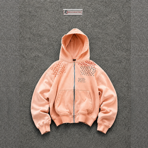Sweat à capuche zippé oversize personnalisé couleur pêche avec motif croix abstrait, en molleton délavé, style streetwear, manches classiques, 100% coton K - Product Image 5