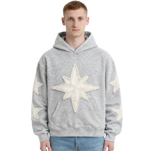 <b>Men's</b> Custom Heavyweight 400 GSM Cotton Applique Distressed Patch Hoodies Rhinestone Crystal <b>Studs</b> Pullover Sweatshirt OEM ODM - Product Image 1