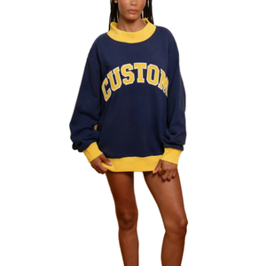 Sudadera Oversize de Algodón Tejido con Estampado de Letras Personalizado para Mujer, Azul Marino y Amarillo, Hombros Caídos, Manga Larga, Otoño - Product Image 1