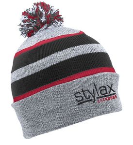 Gorros de Punto Personalizados al por Mayor de BNSB SPORTS, con Franjas, Pompón y Logotipo Bordado, en Gris, Negro y Rojo, Unisex, para Invierno, Aire Libre, Casual, Cálidos - Product Image 1