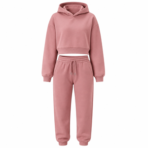 Ensemble de survêtement personnalisé en molleton de coton pour femme, comprenant un sweat à capuche court et un pantalon de jogging, vente en gros, deux pièces, vêtements de détente, marque privée - Product Image 1