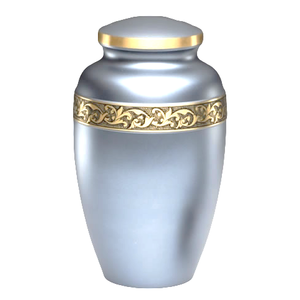 โกศบรรจุอัฐิทองเหลืองคุณภาพสูงสำหรับผู้ใหญ่ พร้อมแถบสลักลายสีทองและสีเทา โกศโลหะสำหรับบรรจุอัฐิมนุษย์ - Product Image 1