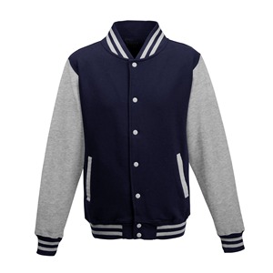 <b>Men's</b> Navy Blue Varsity <b>Jacket</b> Gray Sleeve Turn-down Collar Button Closure Casual Autumn Wear Regular Fit Fleece Material - Product Image 1